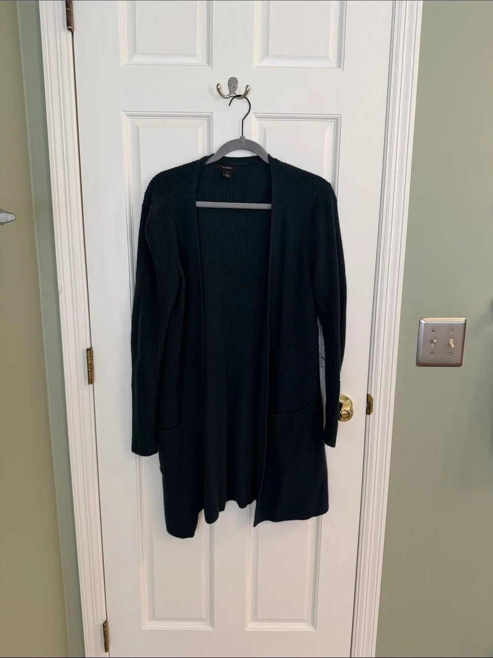 Halogen Long Open-Front Forest Green Ribbed Cardigan